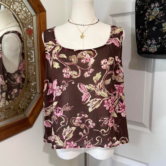 VTG Y2K Emma James Sheer Dark Brown Pink Floral Ruffled Bell Sleeve Wrap Top Set - Picture 2 of 8
